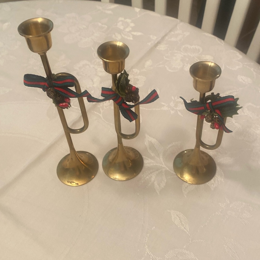 Brass bugle candleholders
